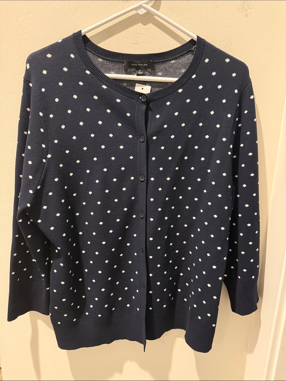 Ann Taylor Navy and White Polka Dot Button-Front Cardigan quarter sleeve size XL
